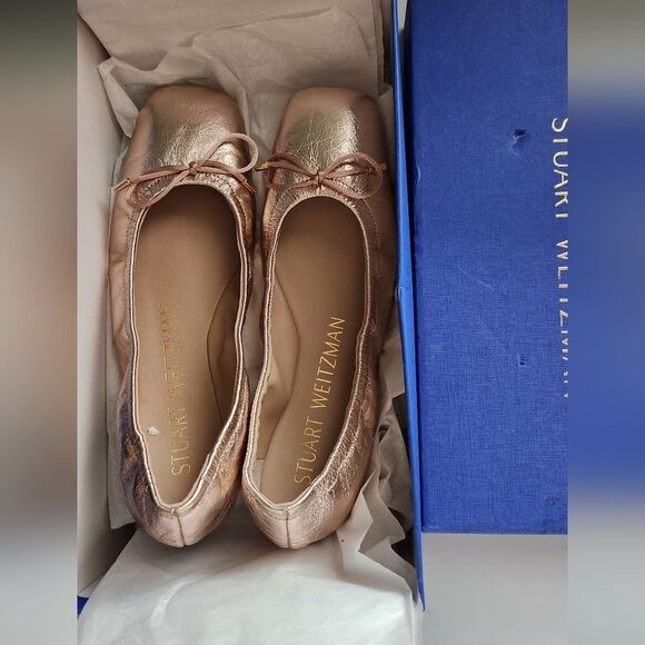 Stuart Weitzman Bardot Mettalic Bow Leather  Ballet Flats Size 6.5 - Picture 1 of 5